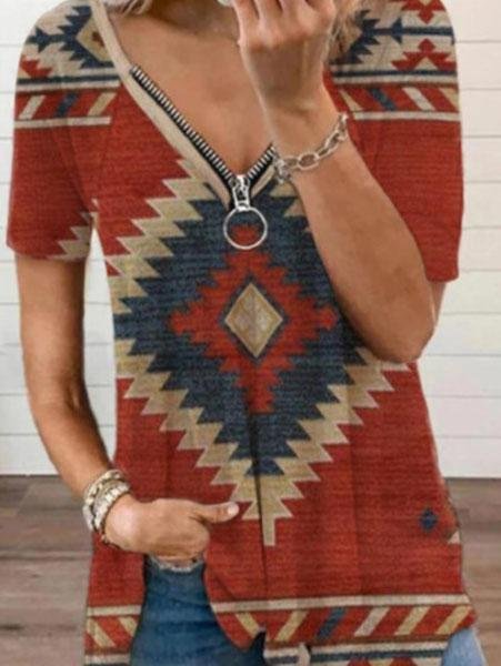 Retro Geometric Print V-neck Short Sleeve Zipper T-shirt - LuckyFash™