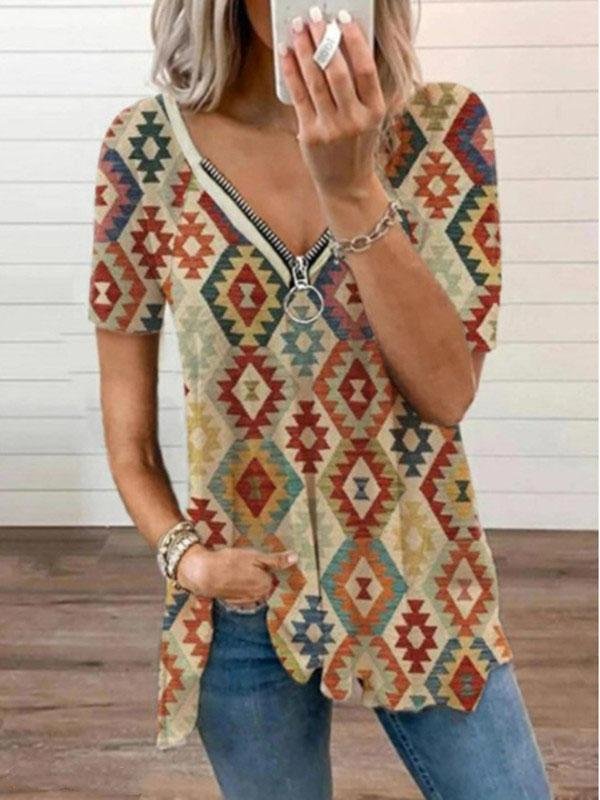 Retro Geometric Print V-neck Short Sleeve Zipper T-shirt - LuckyFash™