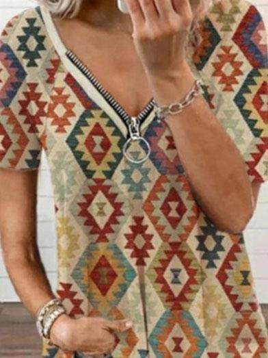 Retro Geometric Print V-neck Short Sleeve Zipper T-shirt - LuckyFash™