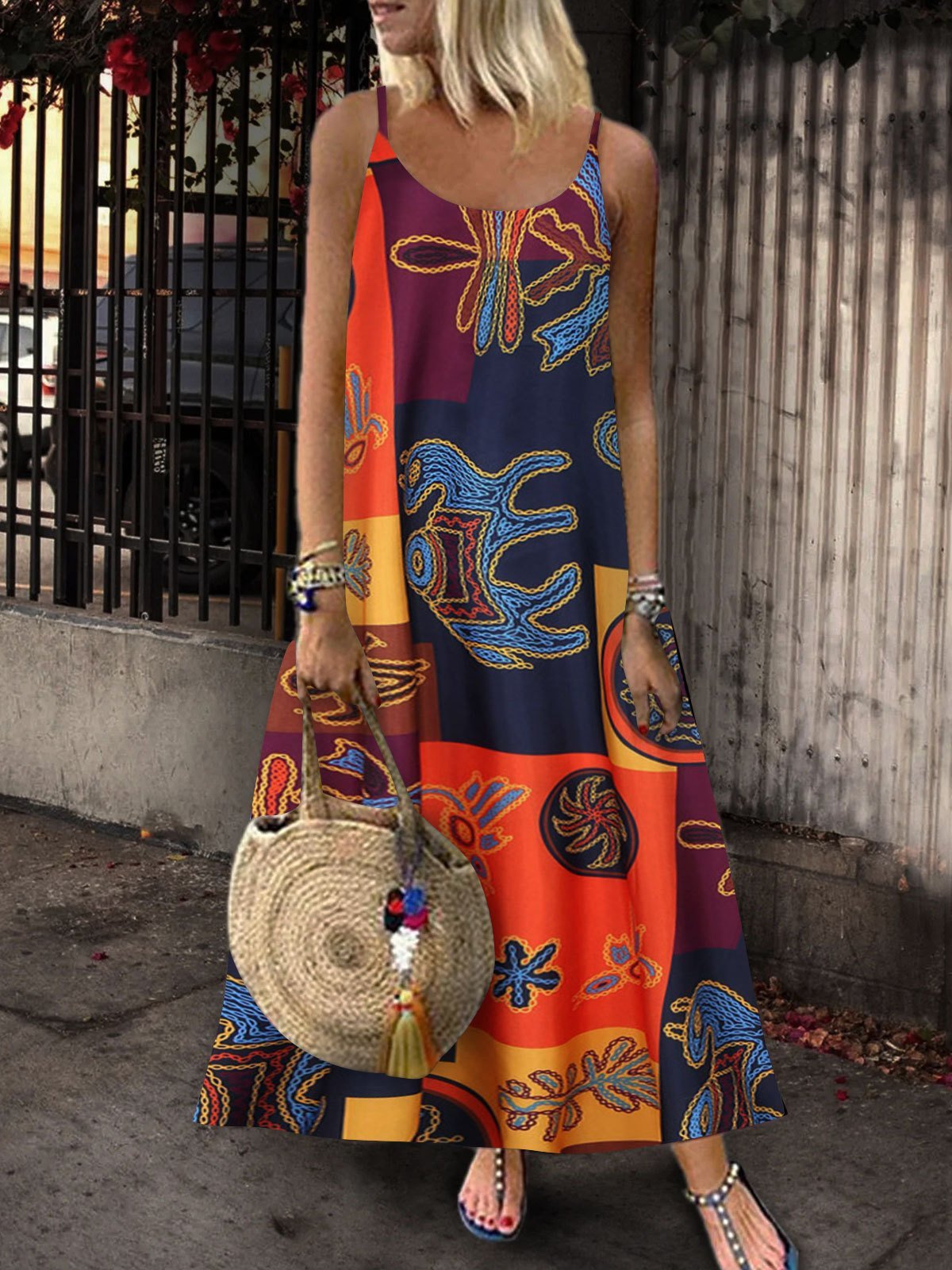 Retro Print Sleeveless U-neck Suspender Dress - LuckyFash™