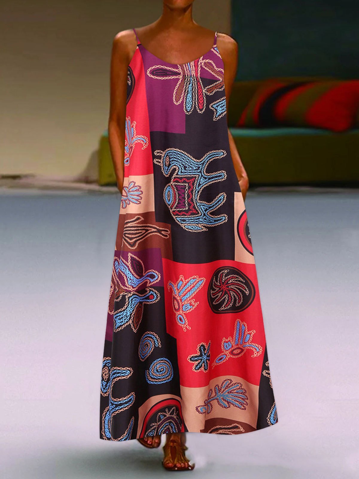 Retro Print Sleeveless U-neck Suspender Dress - LuckyFash™