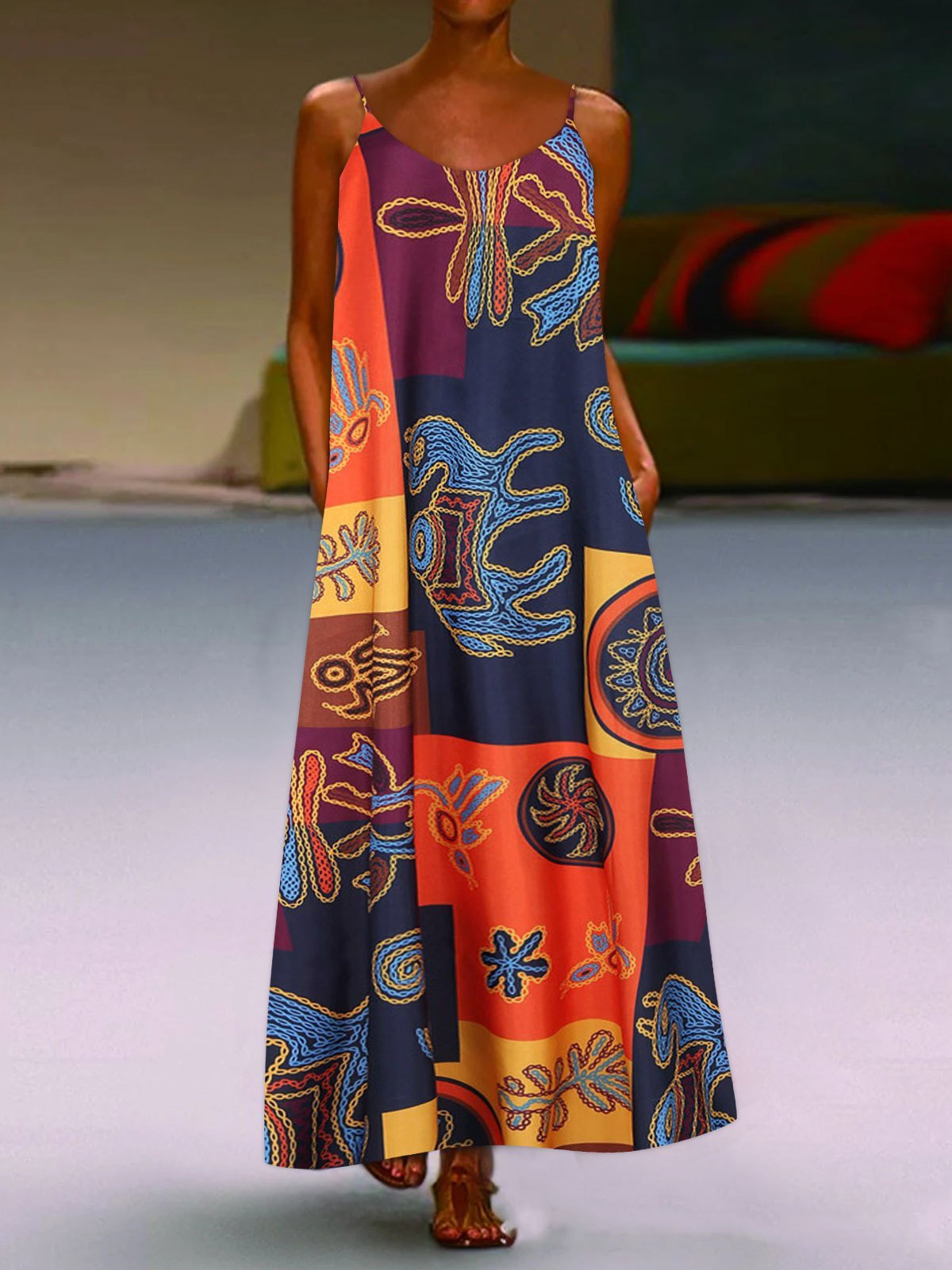 Retro Print Sleeveless U-neck Suspender Dress - LuckyFash™