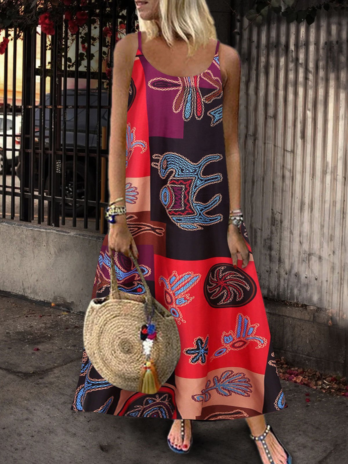 Retro Print Sleeveless U-neck Suspender Dress - LuckyFash™