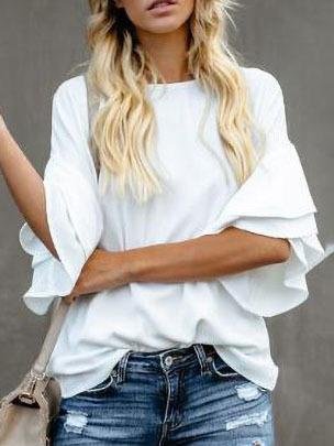 Retro Round Neck Flared Sleeves Solid All-match Blouse - LuckyFash™