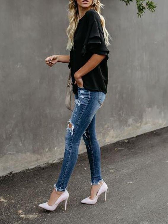 Retro Round Neck Flared Sleeves Solid All-match Blouse - LuckyFash™
