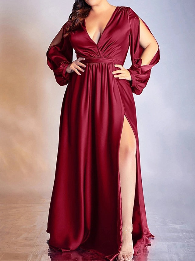 Women's Plus Size Flattering Dresses Elegant Apple Shaped Dress Wedding Guest Party Dress Solid Color V Neck Split Long Sleeve Spring Fall Formal Prom Dress Maxi long Dress Party Dress - LuckyFash™