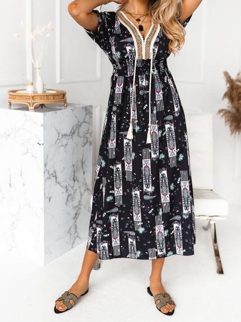 Rope Stitching Printed V-Neck Short Sleeve Dress - LuckyFash™