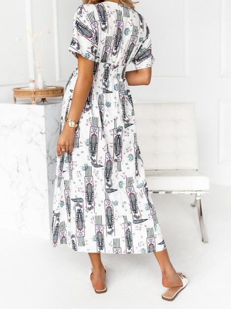 Rope Stitching Printed V-Neck Short Sleeve Dress - LuckyFash™