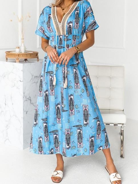 Rope Stitching Printed V-Neck Short Sleeve Dress - LuckyFash™