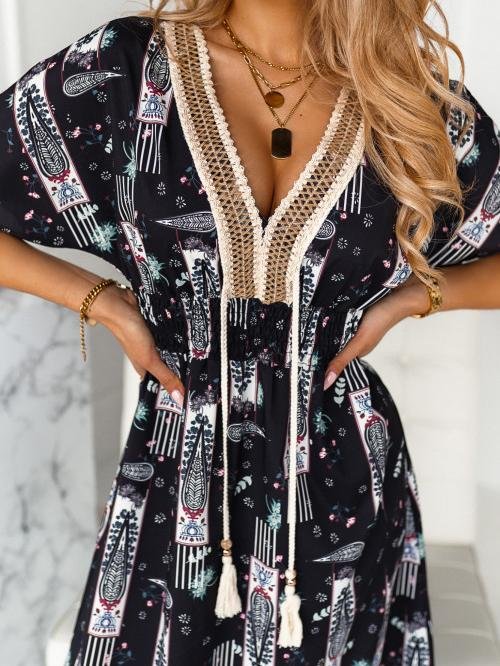 Rope Stitching Printed V-Neck Short Sleeve Dress - LuckyFash™
