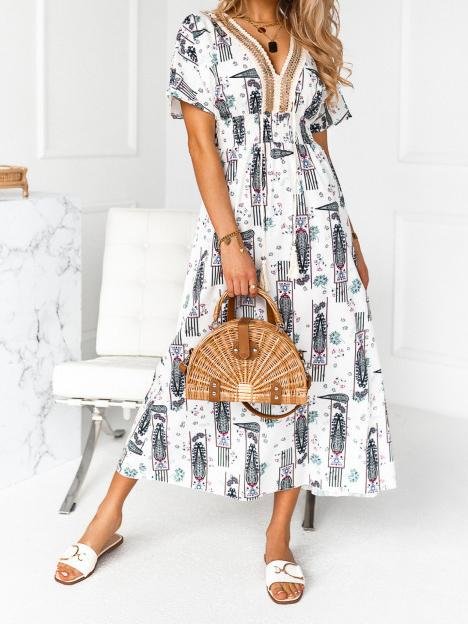 Rope Stitching Printed V-Neck Short Sleeve Dress - LuckyFash™