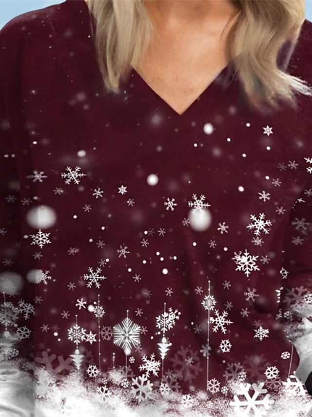 Women's Pullover Sweatshirt Red Sunflower Snowflake Print Long Sleeve Christmas Daily Casual Holiday Christmas V Neck L - LuckyFash™