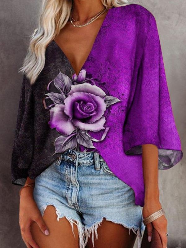 Rose Flower Print Deep V-Neck Flared Sleeve T-Shirt - LuckyFash™