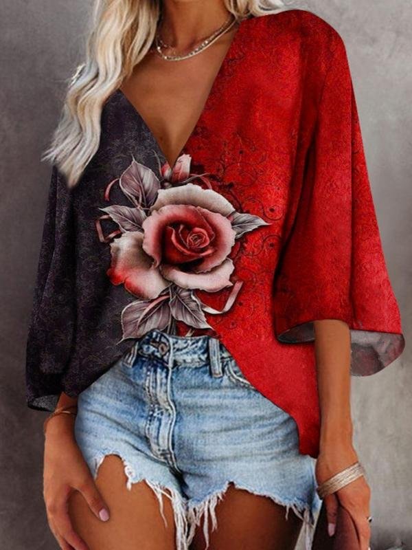 Rose Flower Print Deep V-Neck Flared Sleeve T-Shirt - LuckyFash™