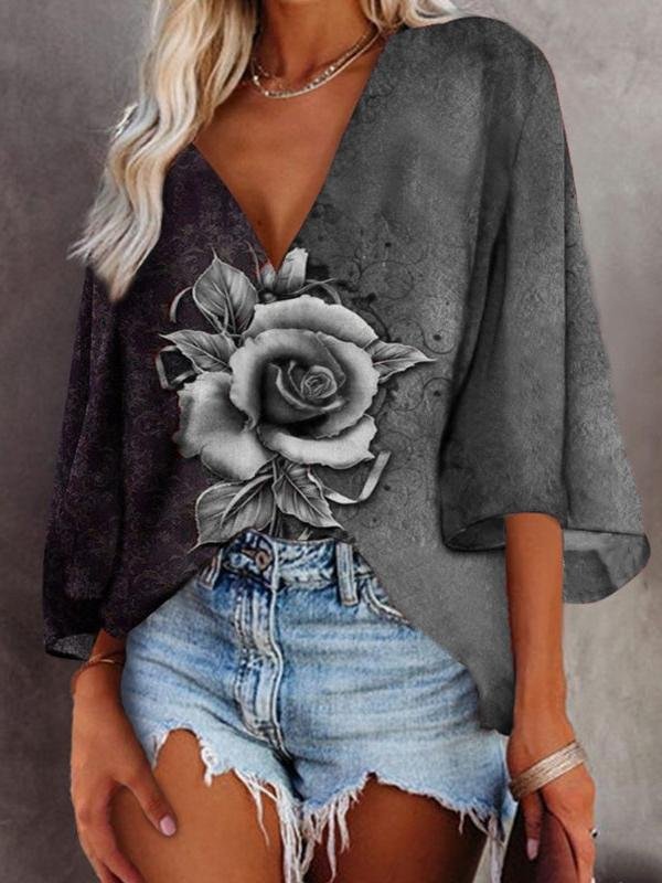 Rose Flower Print Deep V-Neck Flared Sleeve T-Shirt - LuckyFash™