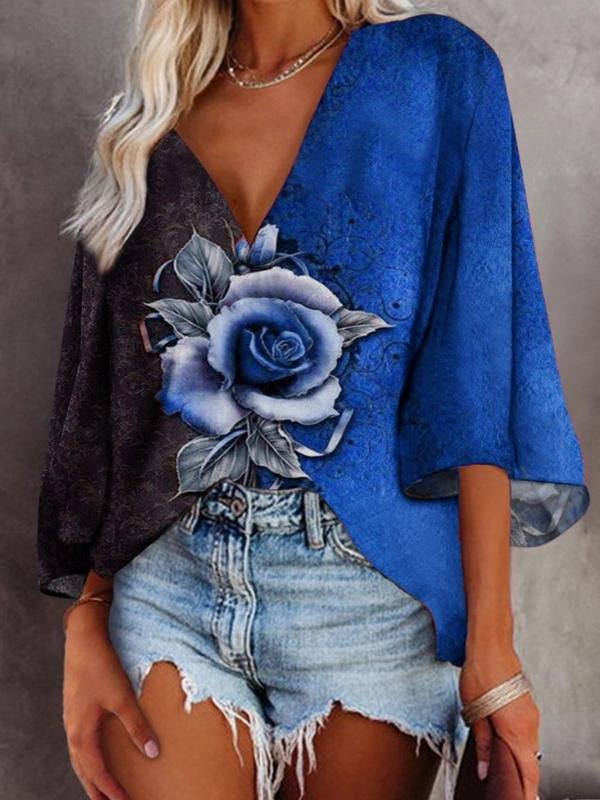 Rose Flower Print Deep V-Neck Flared Sleeve T-Shirt - LuckyFash™