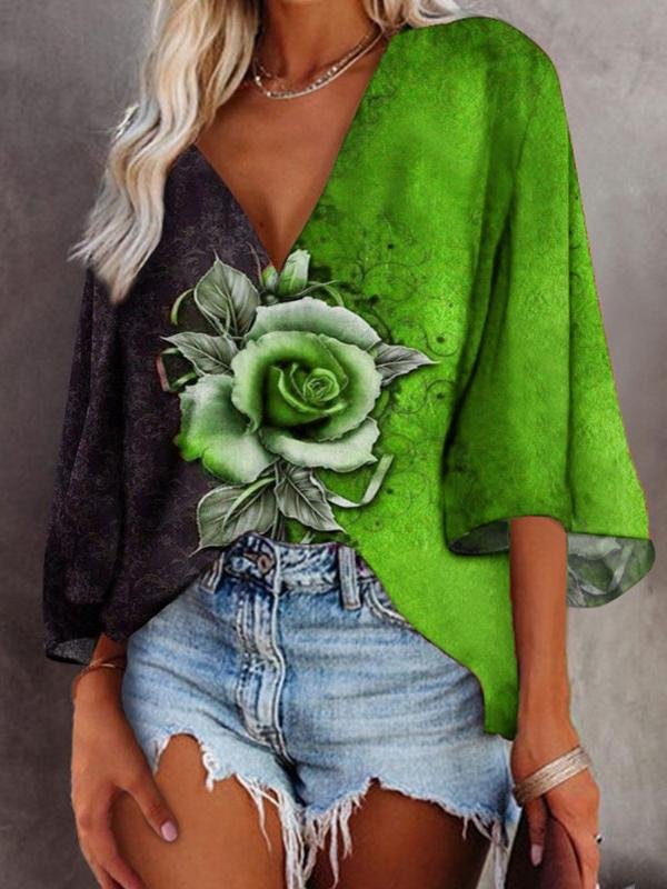 Rose Flower Print Deep V-Neck Flared Sleeve T-Shirt - LuckyFash™