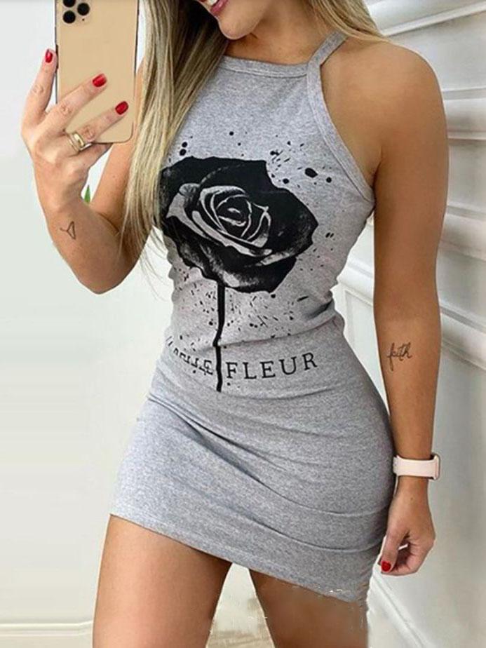 Rose Print Sleeveless Slim Mini Dress - LuckyFash™