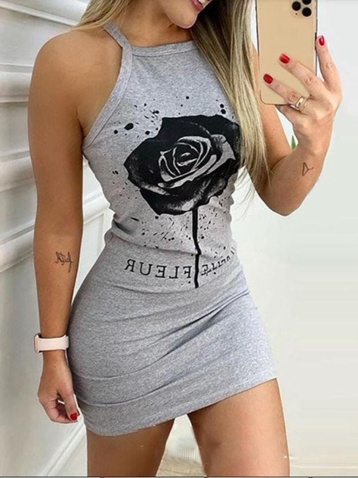 Rose Print Sleeveless Slim Mini Dress - LuckyFash™