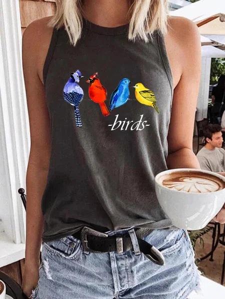 Round Neck Casual Fashion Birds Printed Sleeveless Tank Top - LuckyFash™