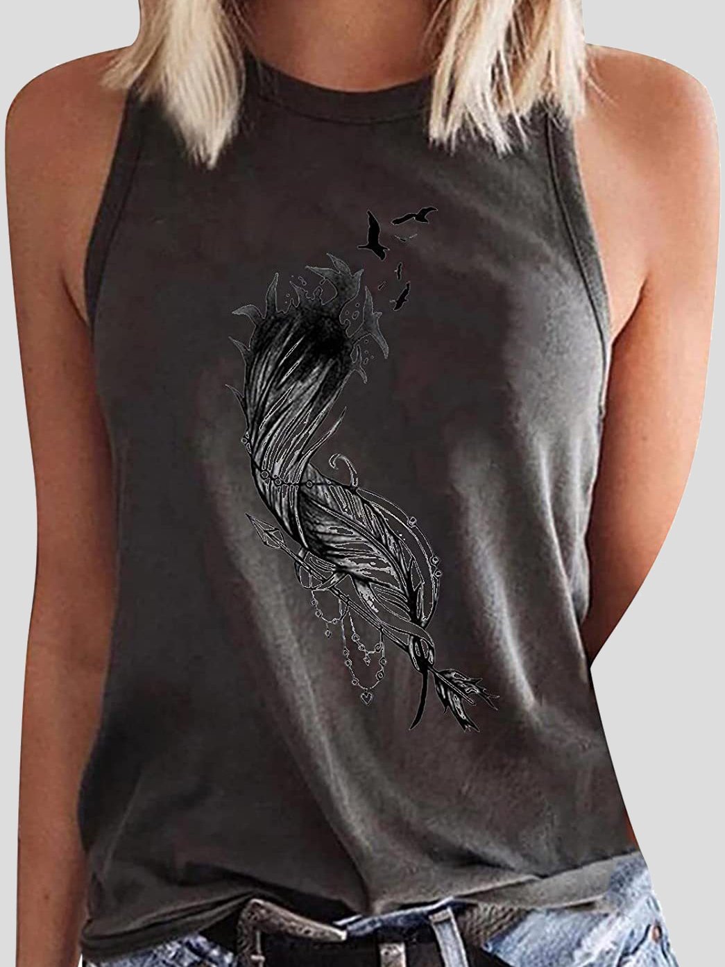 Round Neck Feather Printed Sleeveless Womens Vest - LuckyFash™