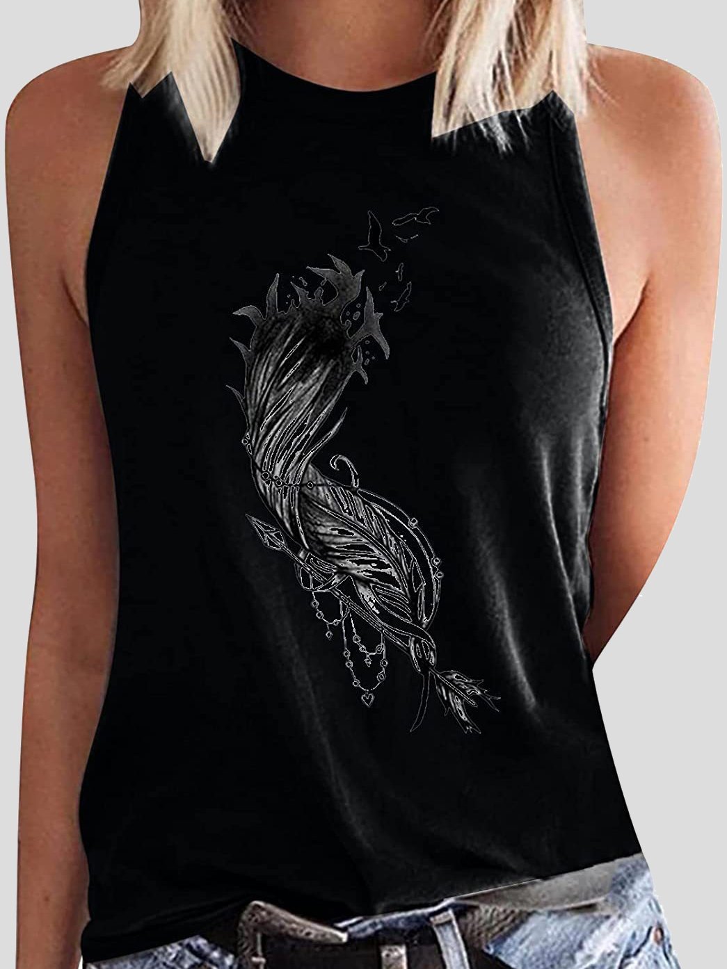 Round Neck Feather Printed Sleeveless Womens Vest - LuckyFash™