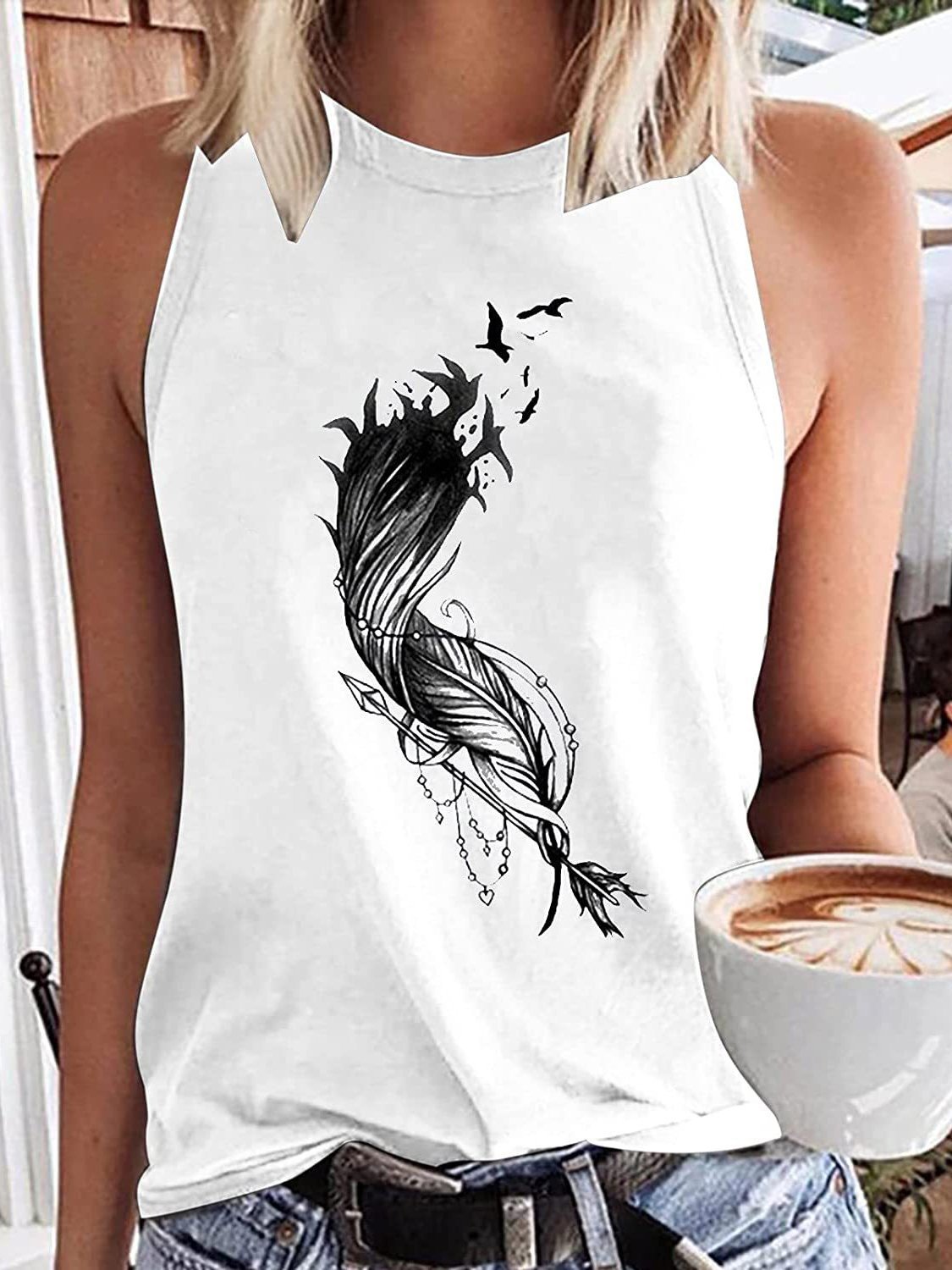Round Neck Feather Printed Sleeveless Womens Vest - LuckyFash™
