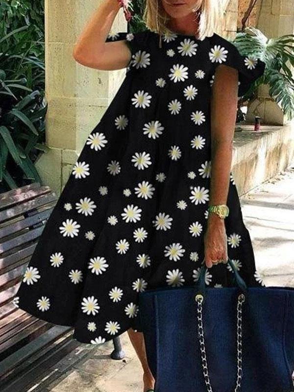 Round Neck Flying Sleeve Chrysanthemum Print Dress - LuckyFash™