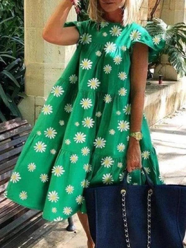 Round Neck Flying Sleeve Chrysanthemum Print Dress - LuckyFash™