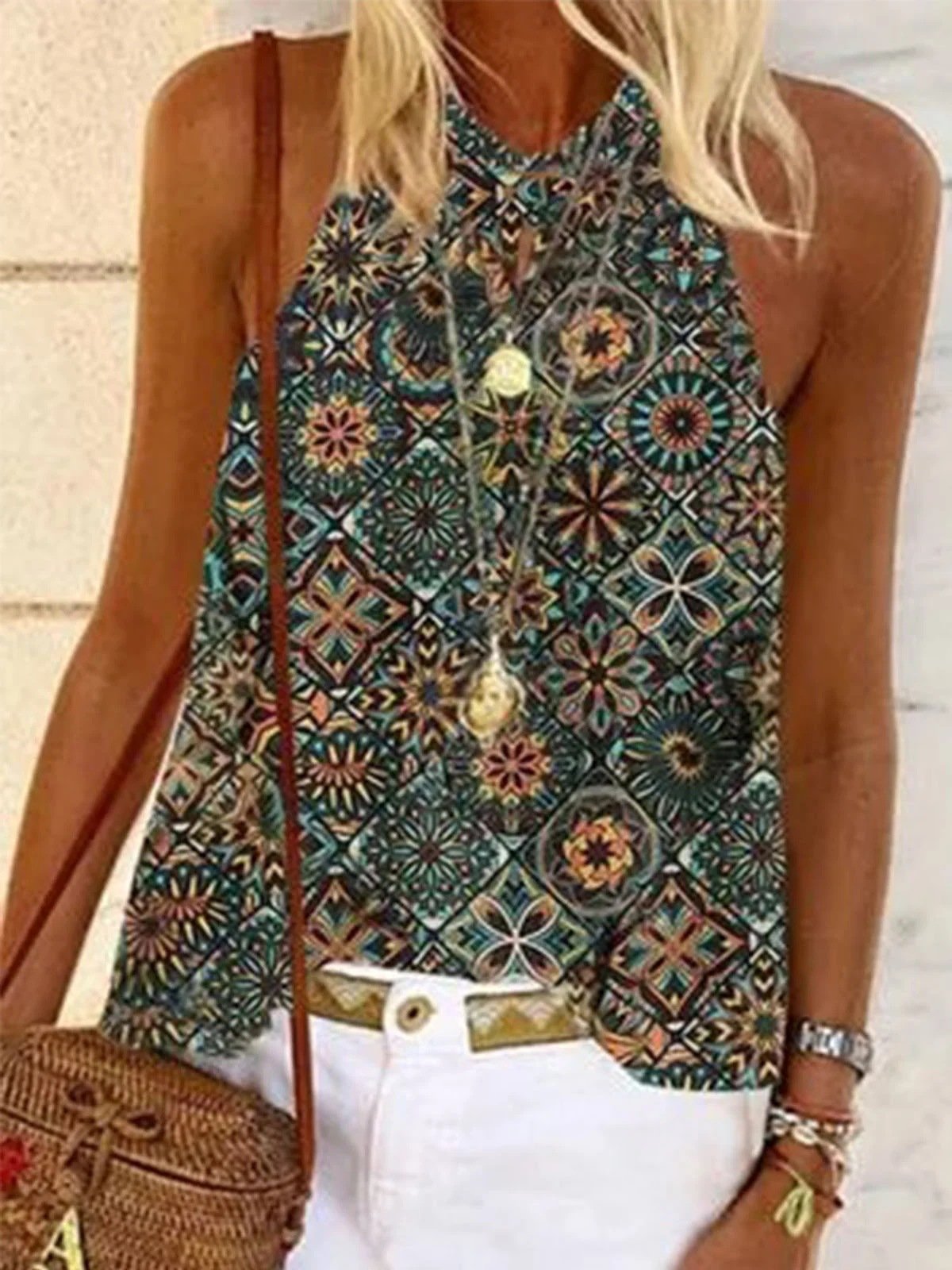 Round Neck Loose Print Off-shoulder Vest - LuckyFash™