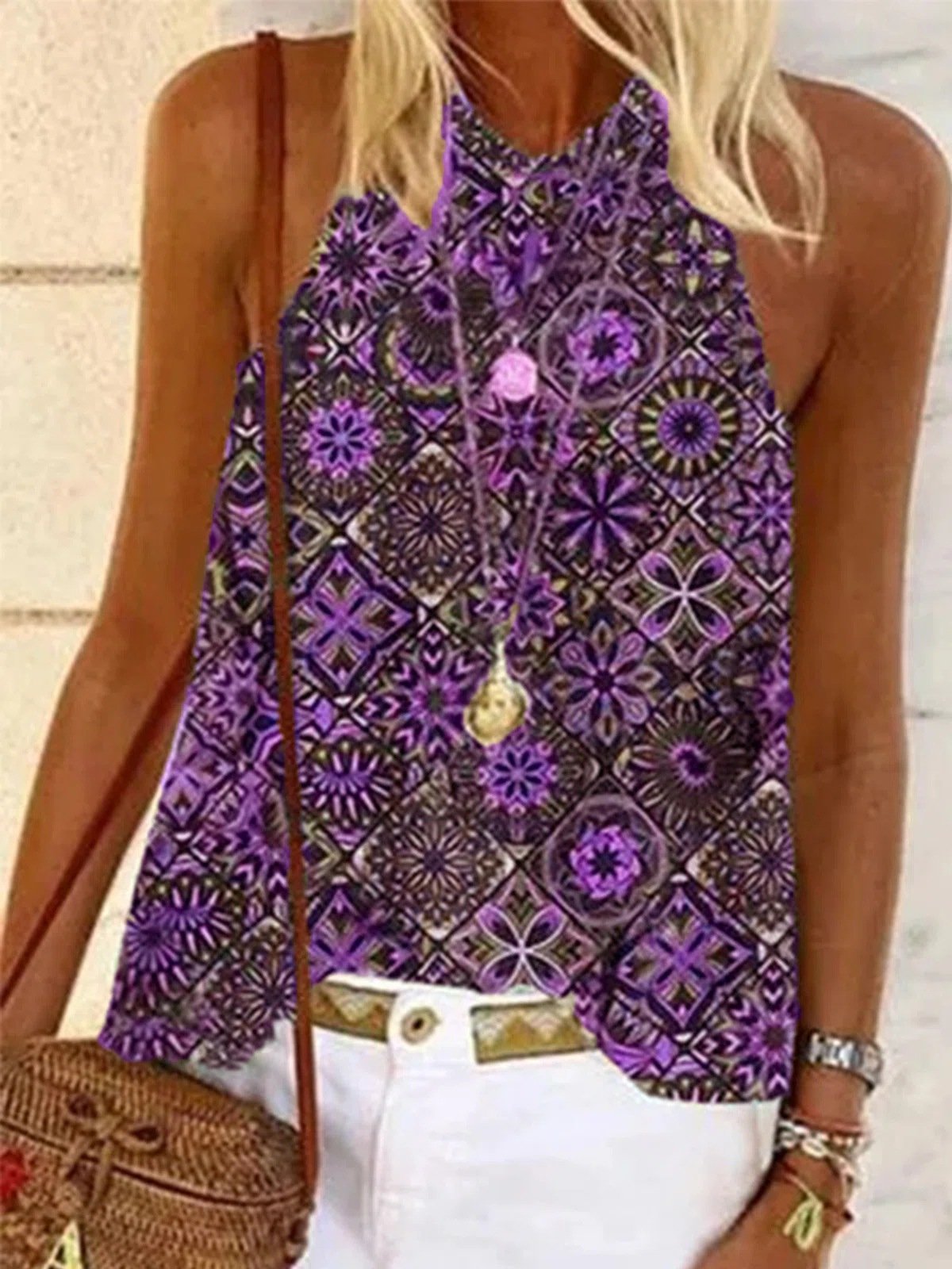 Round Neck Loose Print Off-shoulder Vest - LuckyFash™