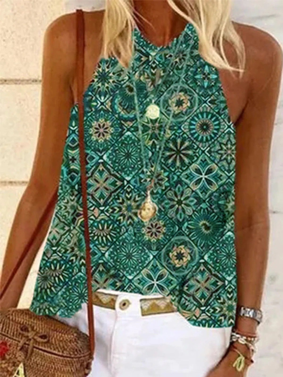 Round Neck Loose Print Off-shoulder Vest - LuckyFash™