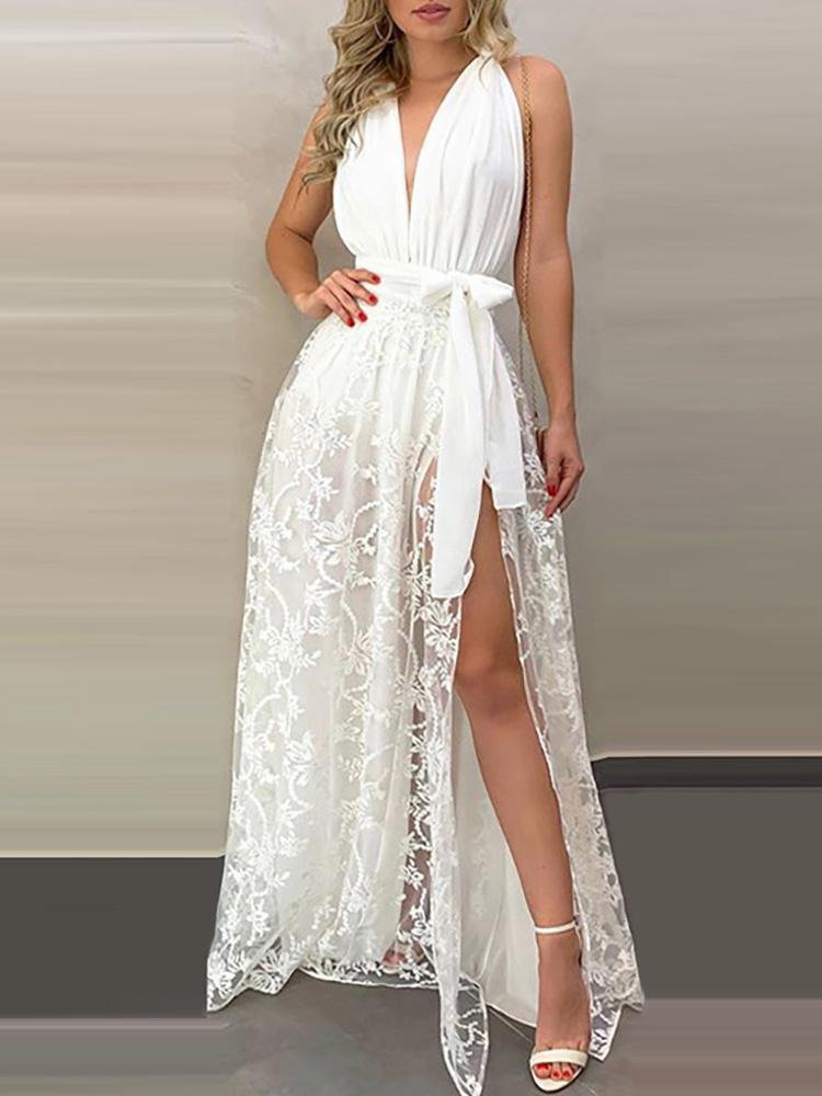 Ruched Backless Lace High Slit Maxi Dress - LuckyFash™