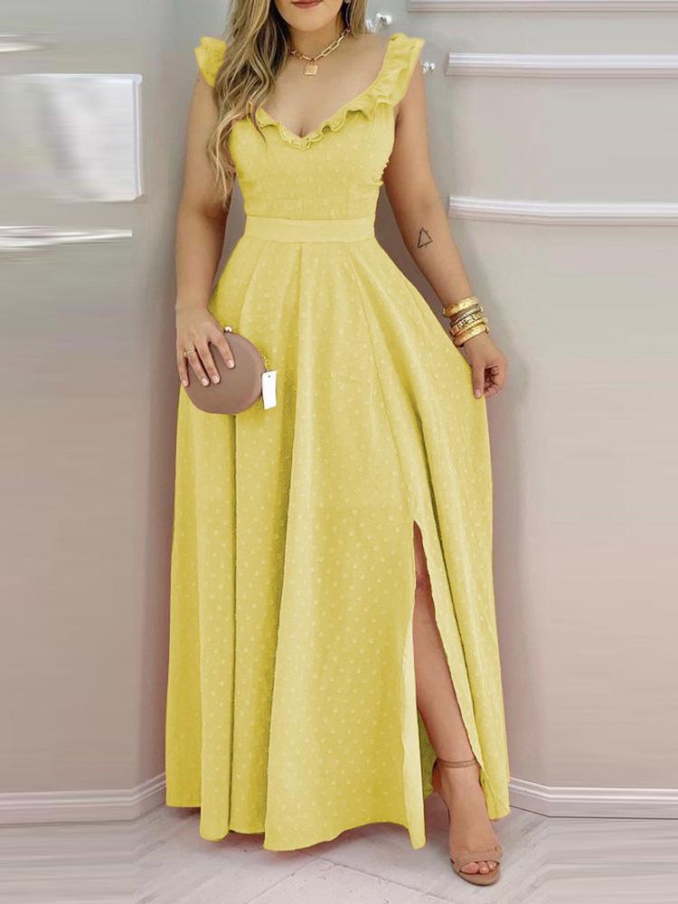 Ruffle Hem Open Back Slit Maxi Dress - LuckyFash™