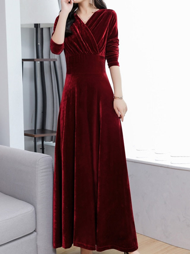 Women's Wedding Guest Dress Velvet Dress Red Midi Dress Purple Wine Royal Blue Black Long Sleeve Pure Color Ruched Winter Fall V Neck Modern Fall Dress 2023 M L XL XXL 3XL Winter Dress - LuckyFash™