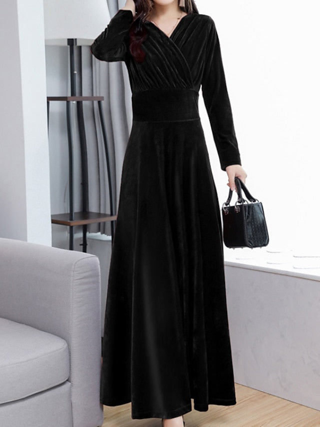 Women's Wedding Guest Dress Velvet Dress Red Midi Dress Purple Wine Royal Blue Black Long Sleeve Pure Color Ruched Winter Fall V Neck Modern Fall Dress 2023 M L XL XXL 3XL Winter Dress - LuckyFash™