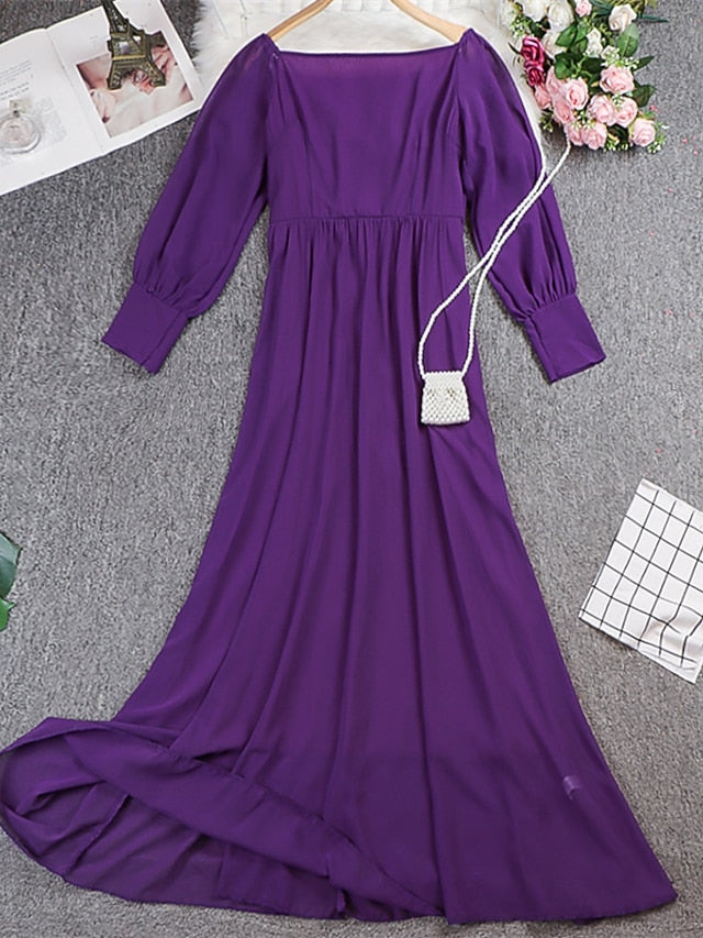 Women‘s Prom Party Dress Swing Dress Long Dress Maxi Dress Green Black Purple Long Sleeve Pure Color Cold Shoulder Fall Autumn Off Shoulder Winter Dress Evening Party Loose Fit 2023 S M L XL - LuckyFash™