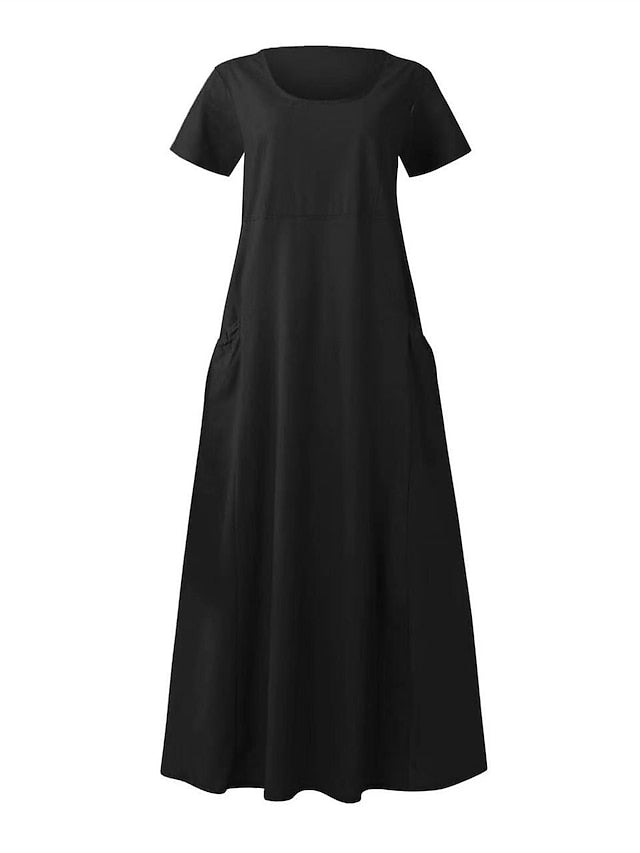 Cotton Linen Dress Casual Dress Swing Dress Maxi long Dress Linen Cotton Blend Fashion Classic Outdoor Daily Vacation Crew Neck Pocket Short Sleeve Summer Spring Loose Fit Black Pink Sky for Women - LuckyFash™