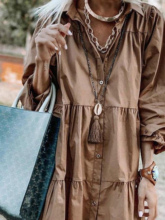 Shirt Collar Long Sleeve Button Mini Dress - LuckyFash™
