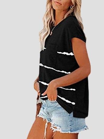Short Sleeve Striped Printed Pocket Casual Round Neck T-shirt - LuckyFash™