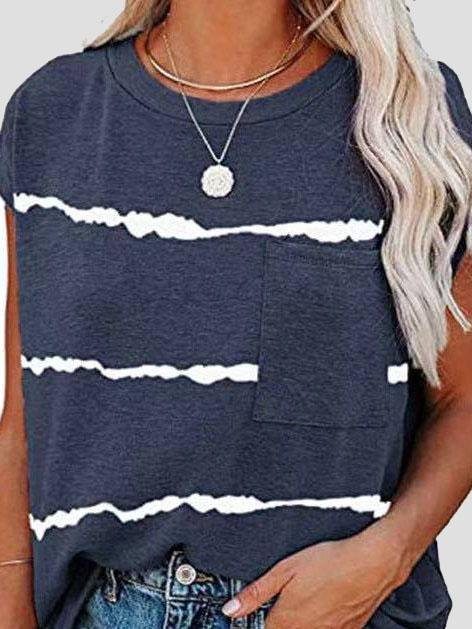 Short Sleeve Striped Printed Pocket Casual Round Neck T-shirt - LuckyFash™