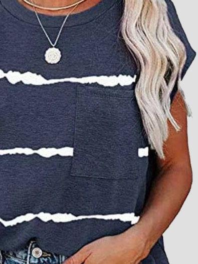 Short Sleeve Striped Printed Pocket Casual Round Neck T-shirt - LuckyFash™