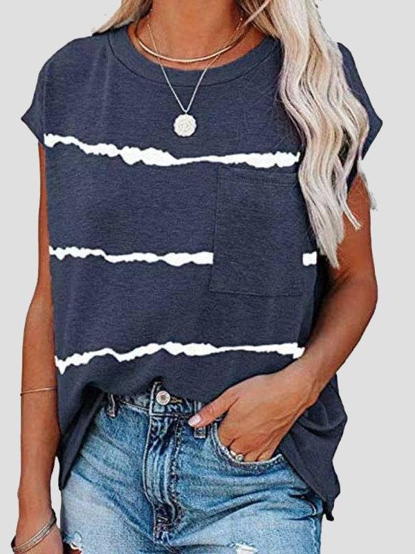 Short Sleeve Striped Printed Pocket Casual Round Neck T-shirt - LuckyFash™