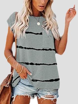 Short Sleeve Striped Printed Pocket Casual Round Neck T-shirt - LuckyFash™