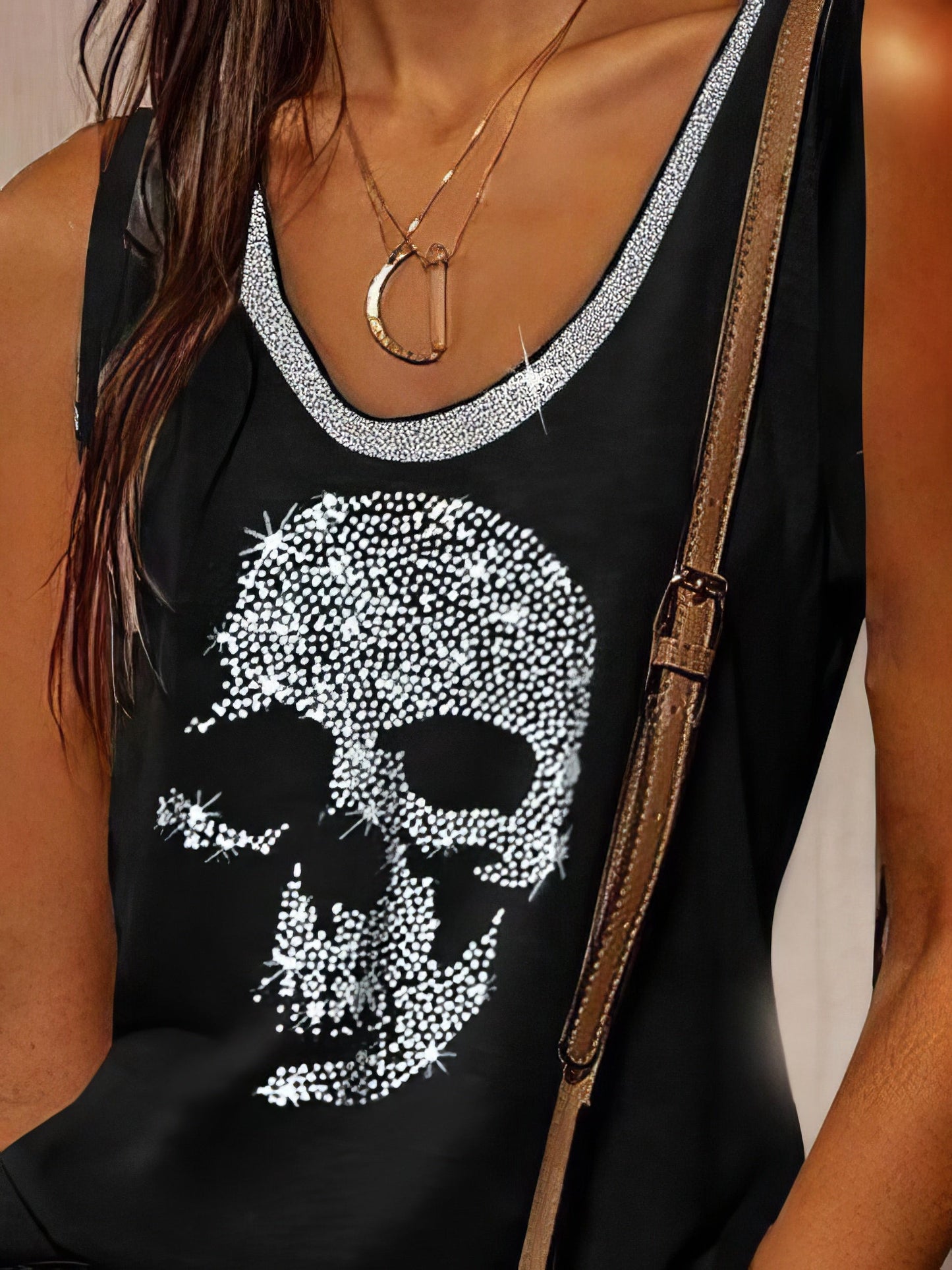 Skull Print Round Neck Loose Sleeveless T-shirt - LuckyFash™