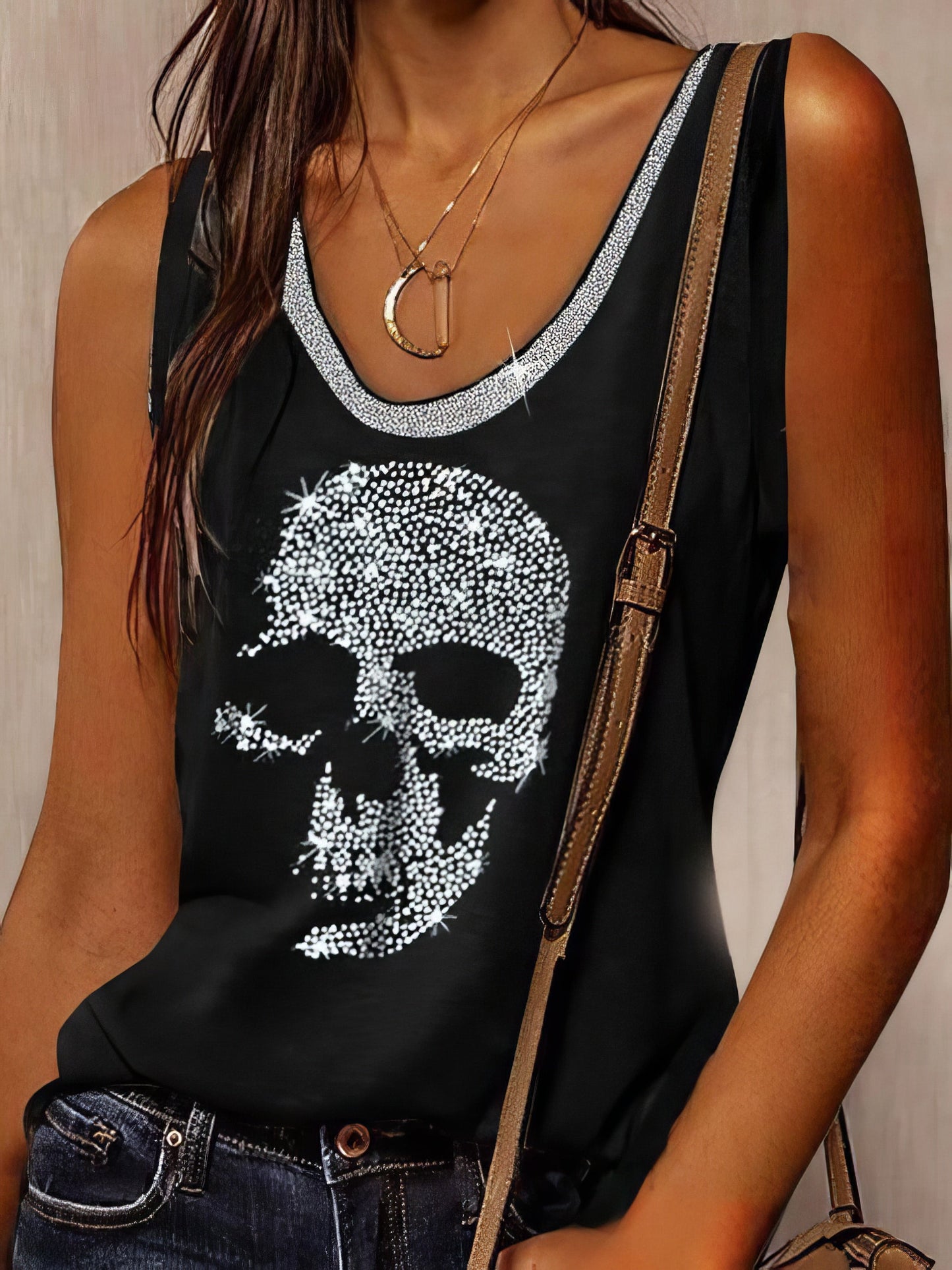 Skull Print Round Neck Loose Sleeveless T-shirt - LuckyFash™