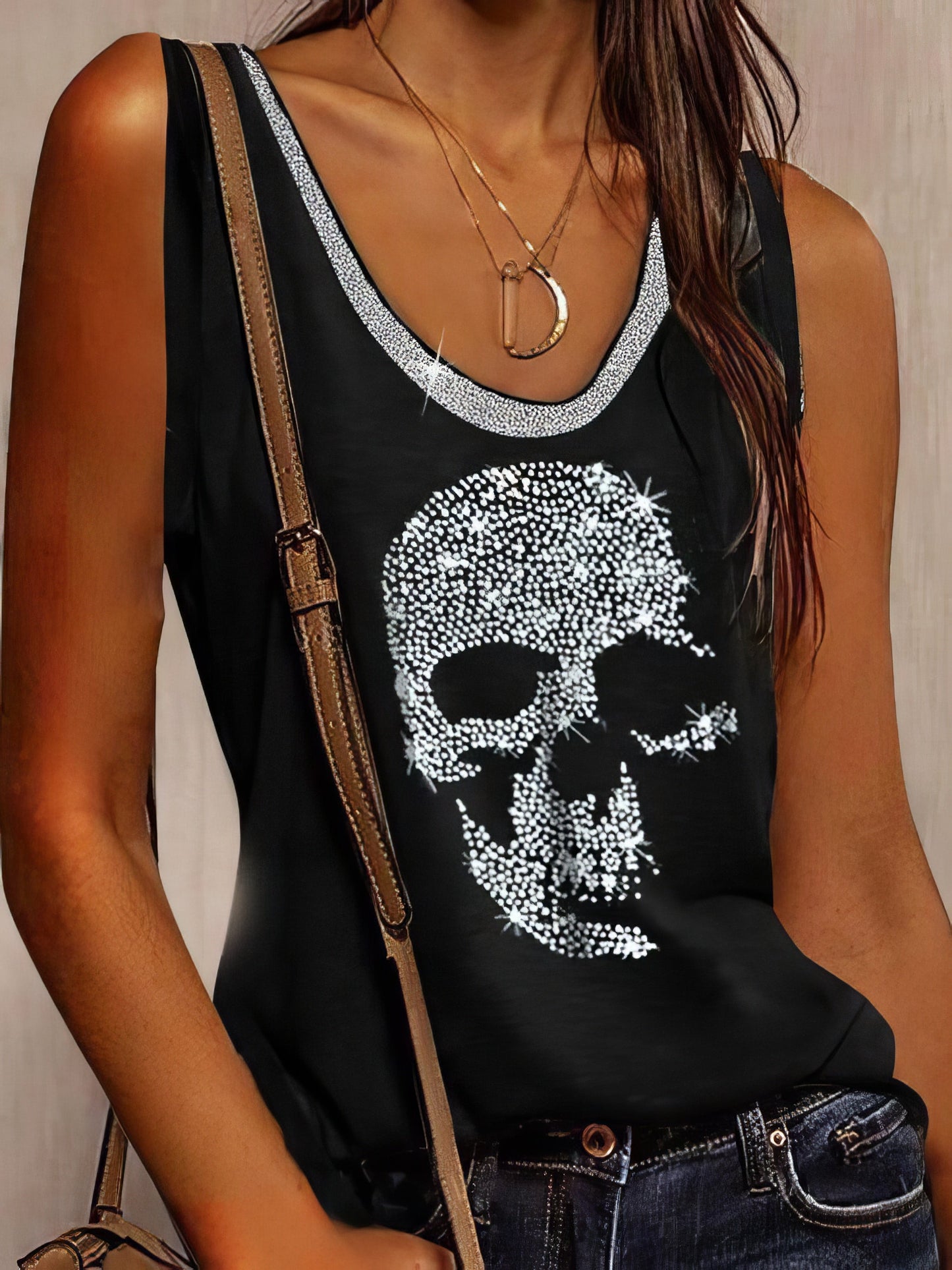 Skull Print Round Neck Loose Sleeveless T-shirt - LuckyFash™