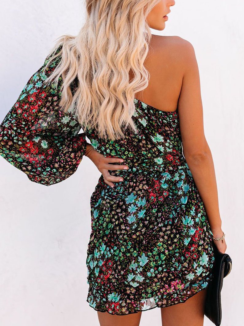 Slanted Shoulder Print Long Sleeve Dress - LuckyFash™