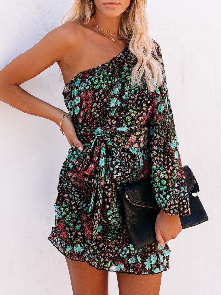 Slanted Shoulder Print Long Sleeve Dress - LuckyFash™