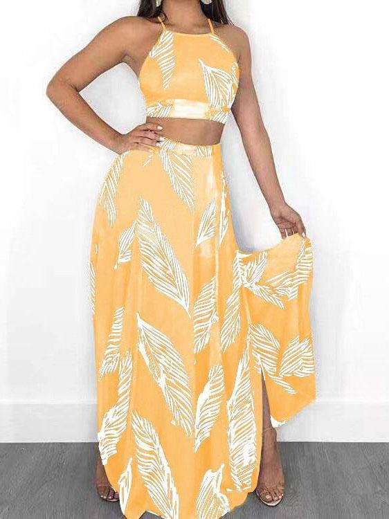Sleeveless Feather Print Halter Two-piece Suit - LuckyFash™